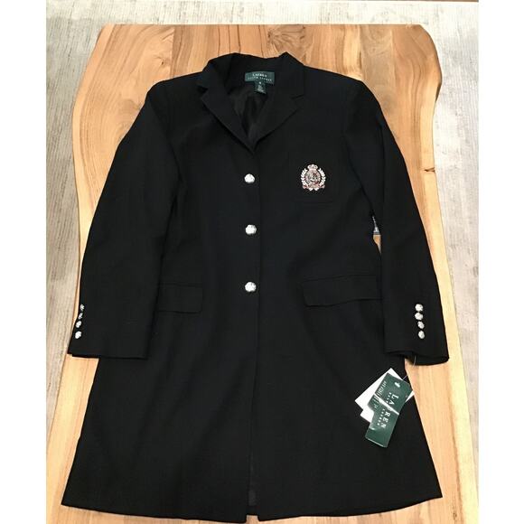 LAUREN RALPH LAUREN Blazer Jacket Womens Sz 12 Black 100% Worsted Wool Crest NEW - Picture 1 of 10